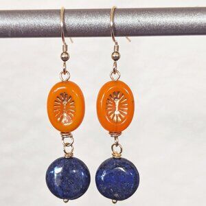 Southwestern 14k Gold-Filled Orange & Navy Blue Lapis Lazuli Dangle Earrings